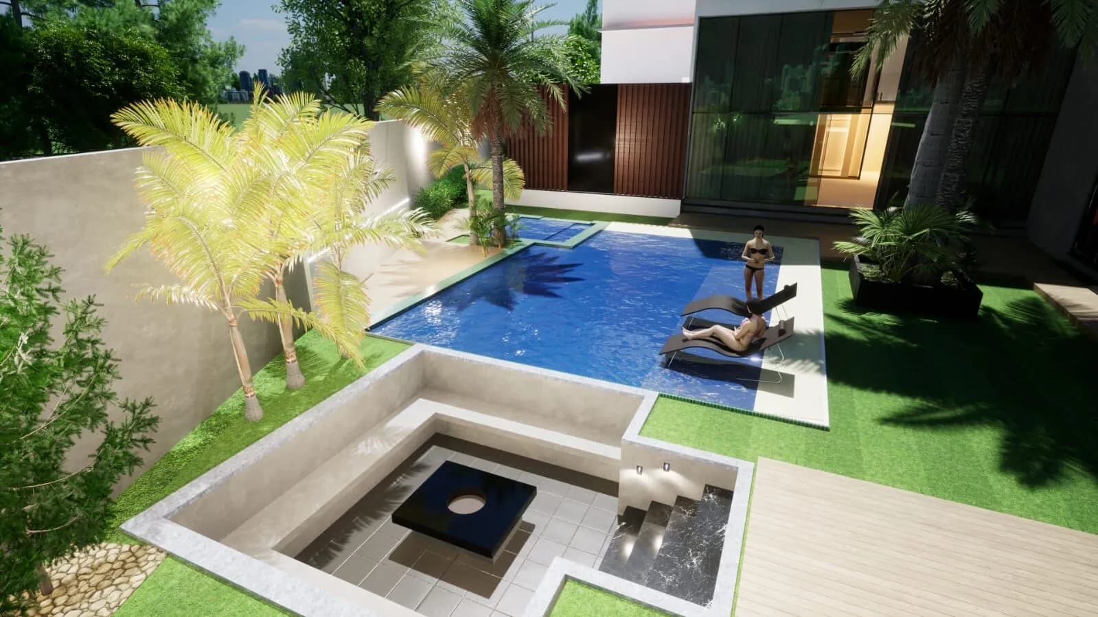 Vista da piscina e área externa da casa 1485m² Condomínio Mansões