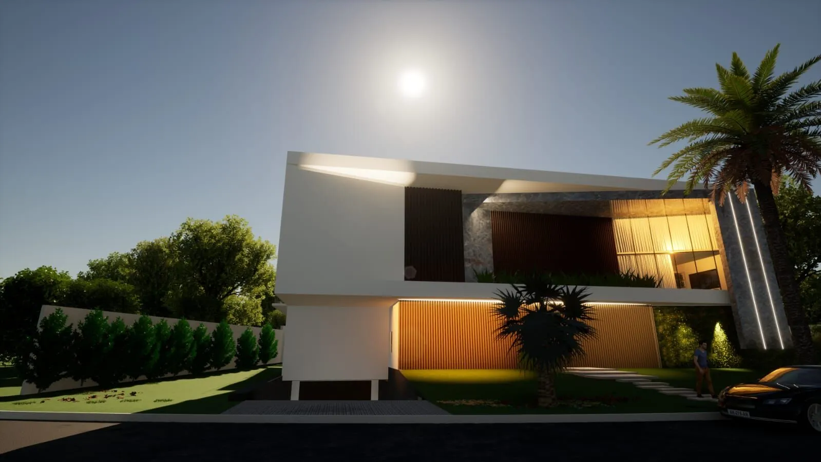 Detalhe do acabamento porcelanato da casa contemporânea Condomínio Mansões